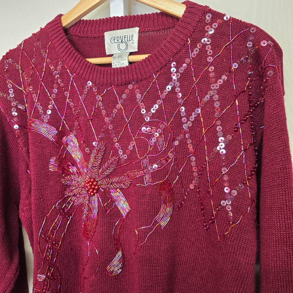 Vintage Cervelle Burgundy Beaded Sequin Sweater Womens‎ Large Holiday Party